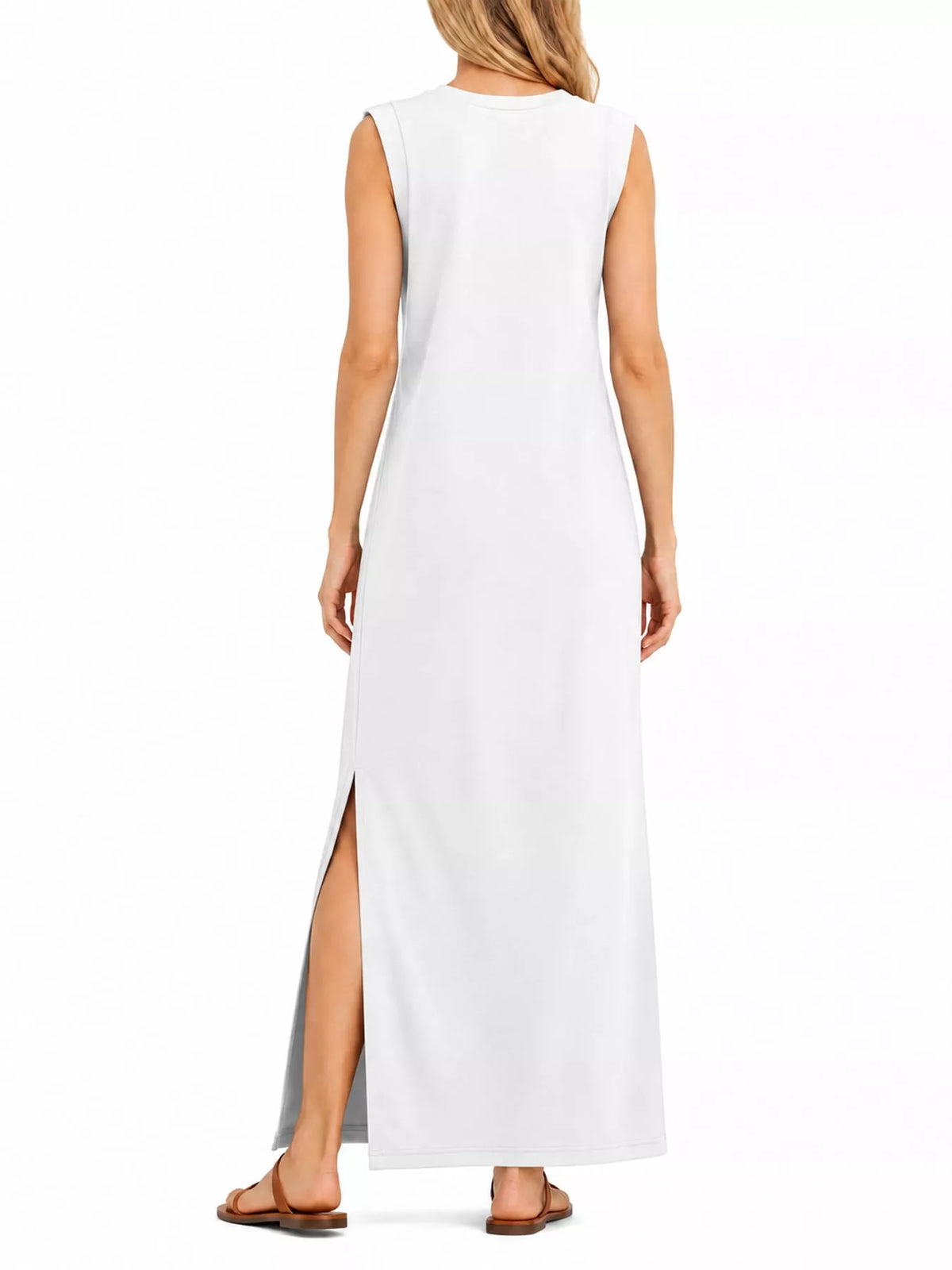 Round neck sleeveless maxi dress, back view