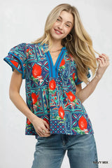 Trendsi Umgee Abstract Print Flutter Sleeve Blouse -