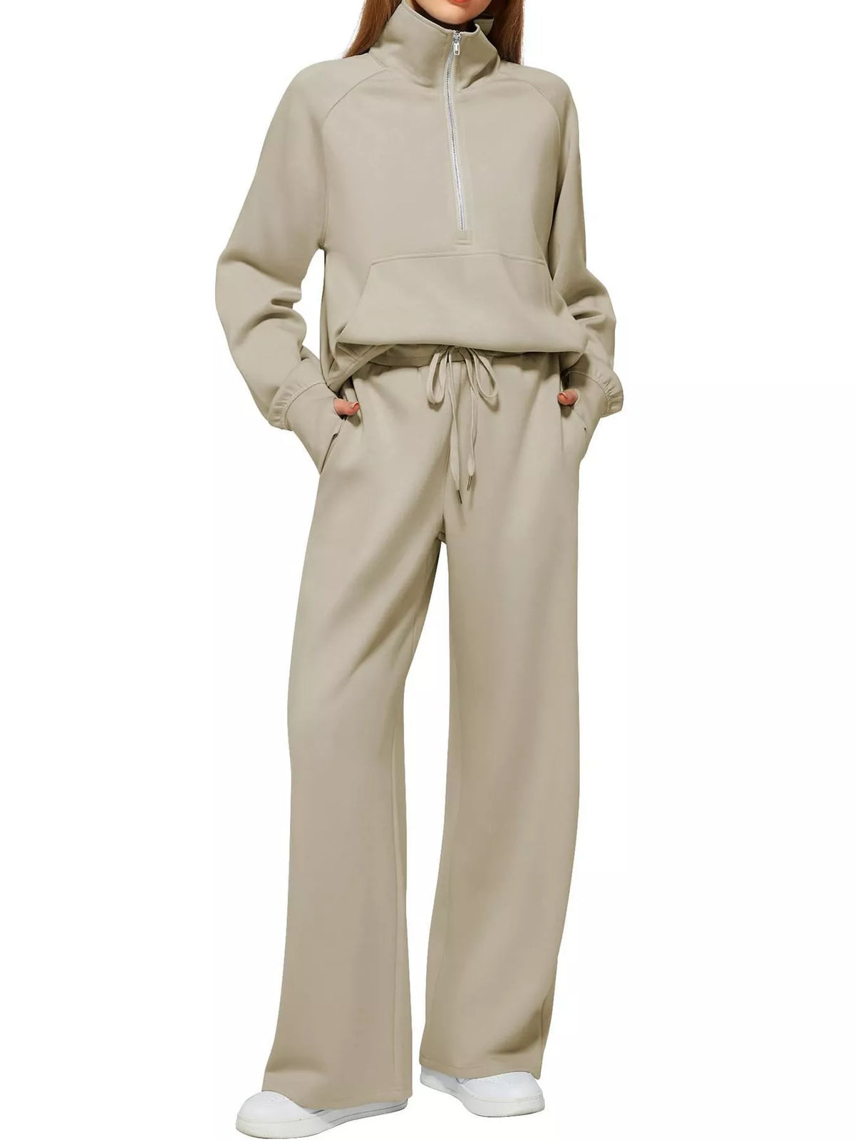 Half-zip top and pants set, beige front