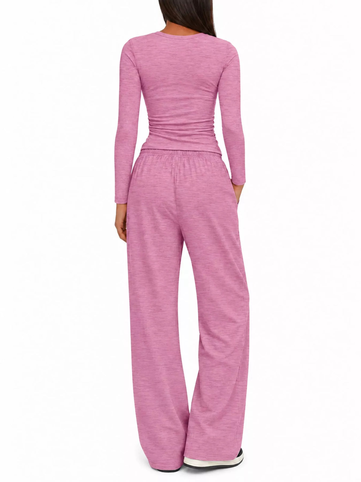 Long Sleeve Ruched Top and Wide-Leg Drawstring Pants Set — back view