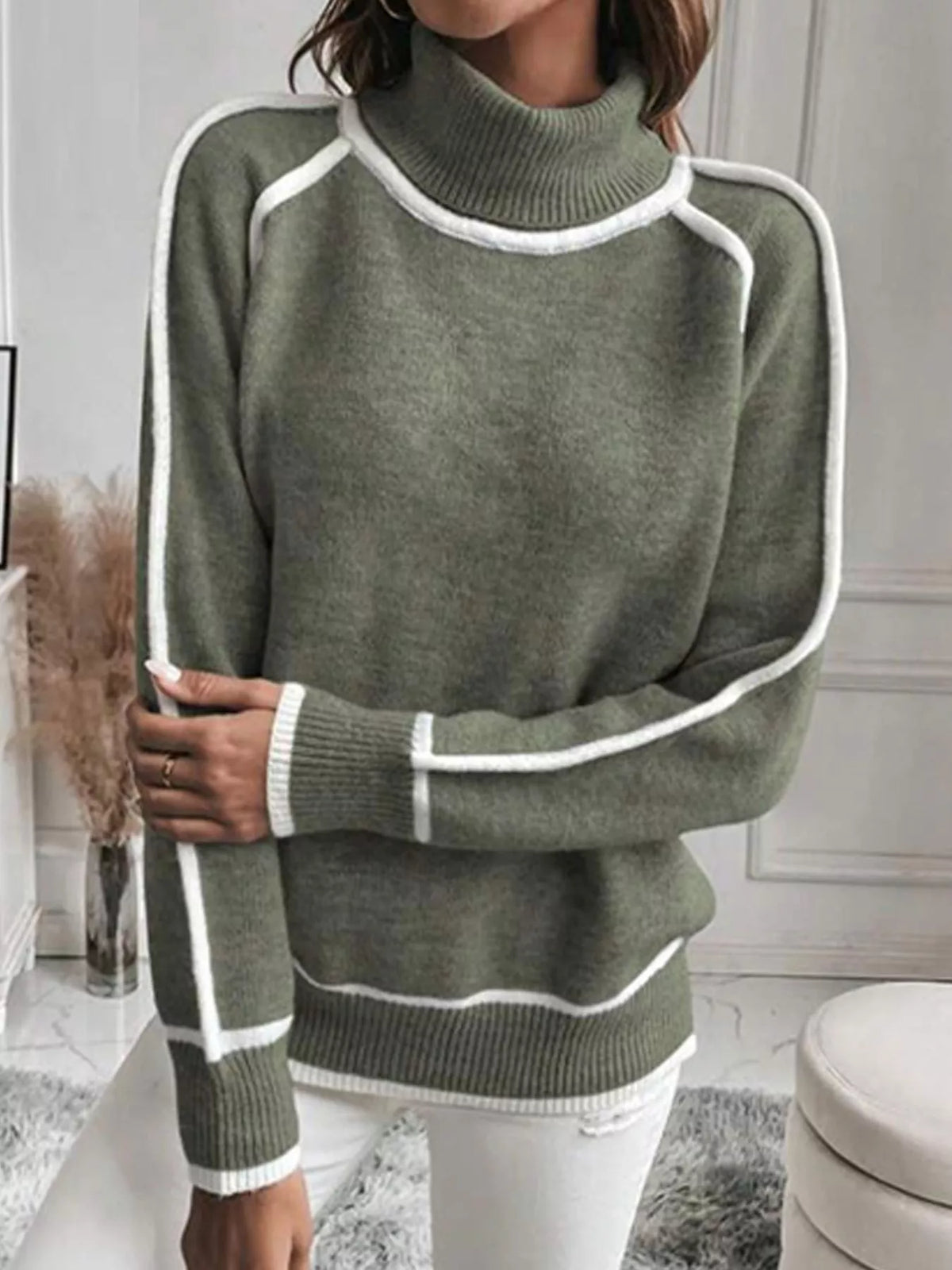 Women's Contrast Trim Ribbed Hem Turtleneck Sweater in Military Green, alternate view
