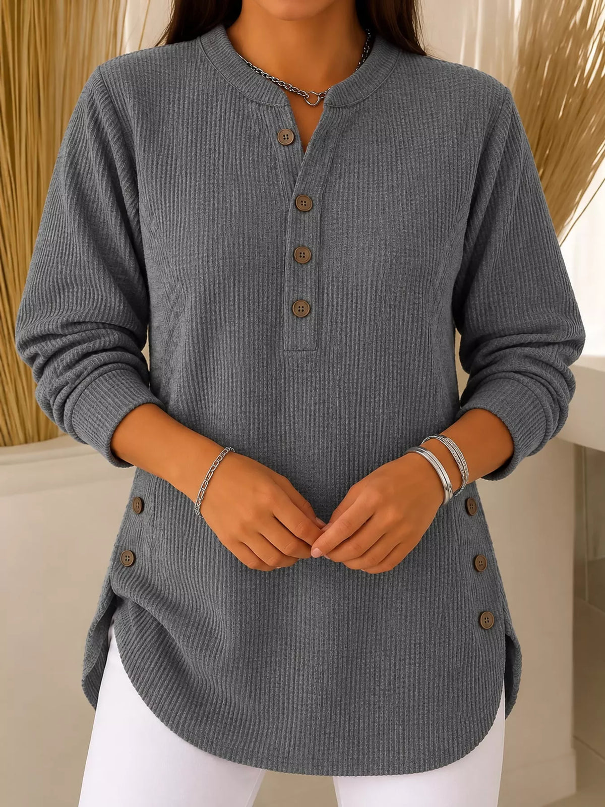 Gray button detail long sleeve top, front view