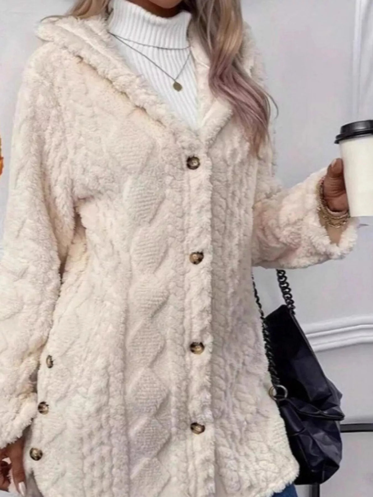 Cable-Knit Faux Shearling Hooded Jacket — front view