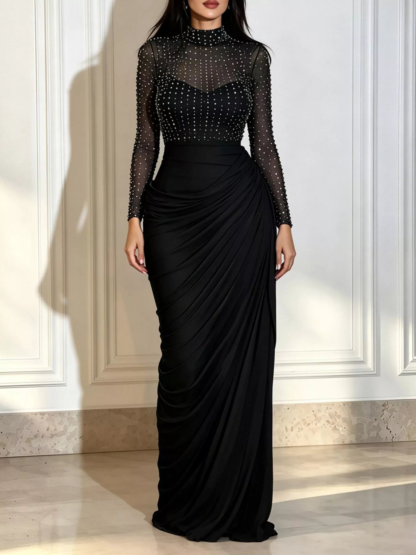 Trendsi Rhinestone Mock Neck Ruched Maxi Dress -