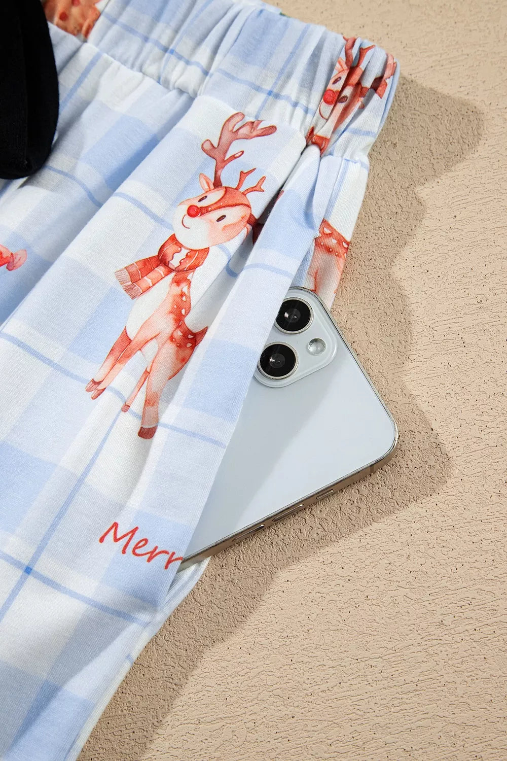 Light blue Christmas print plaid pajama set, pants pocket detail
