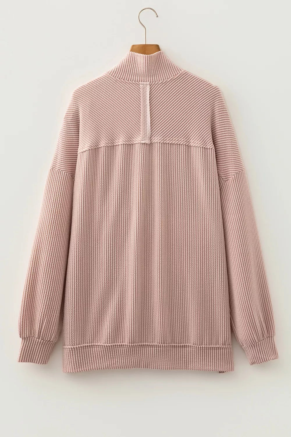 Trendsi Twist Ribbed Zipper Collar Drop Shoulder Long Sleeve Top -