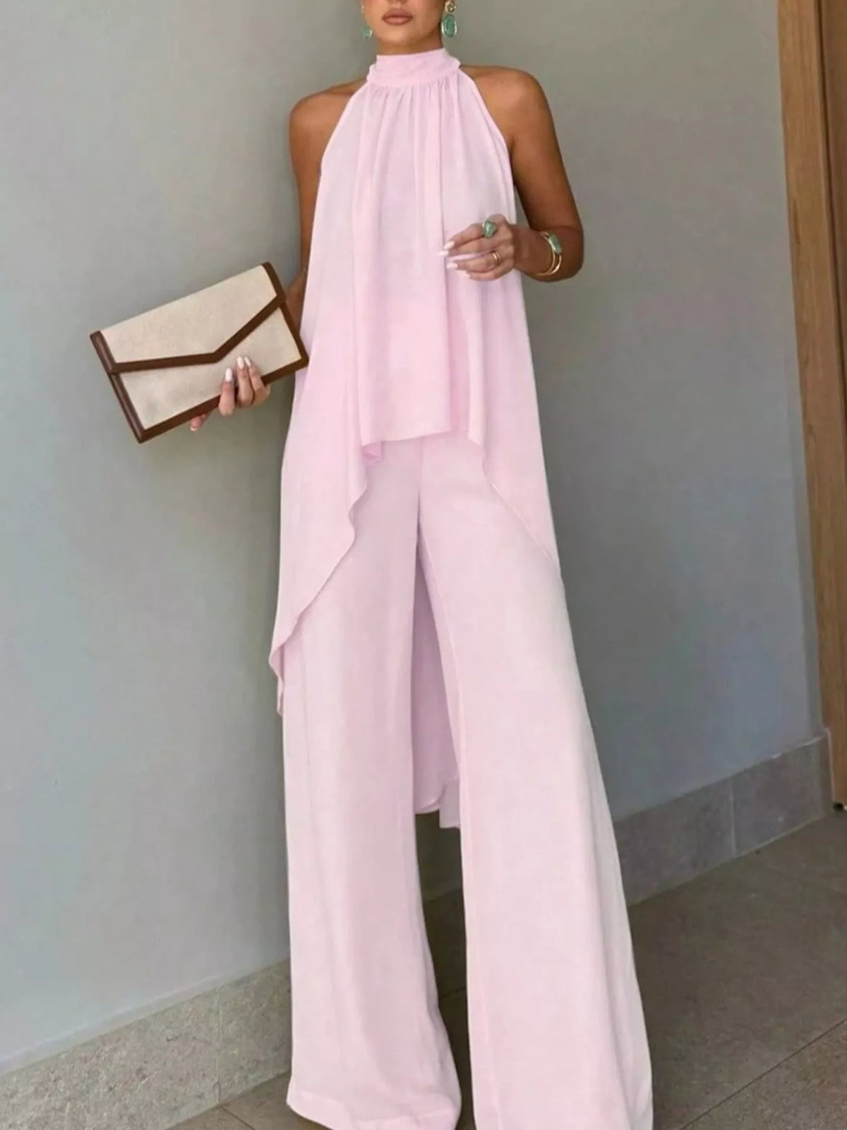 Pink High-Low Sleeveless Top & Wide-Leg Pants Set front view