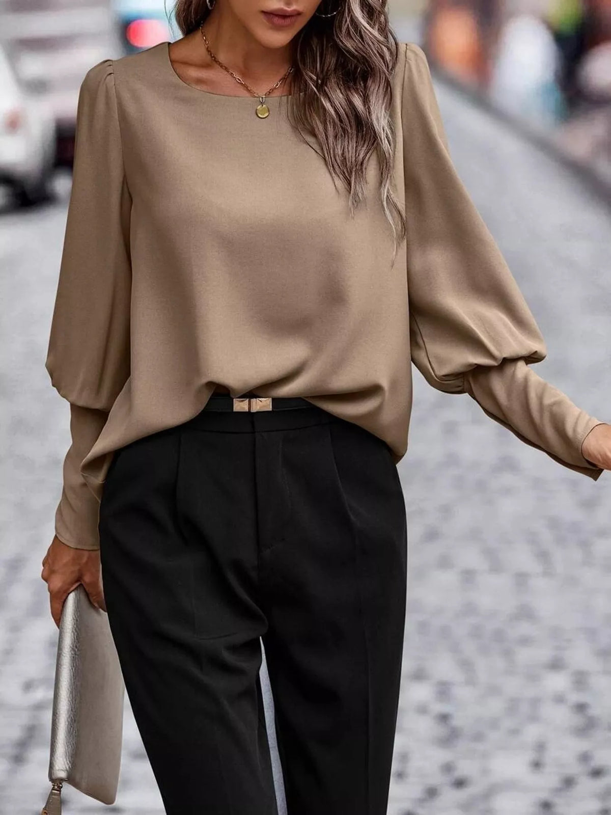 Decorative Button Lantern Sleeve Blouse — front view