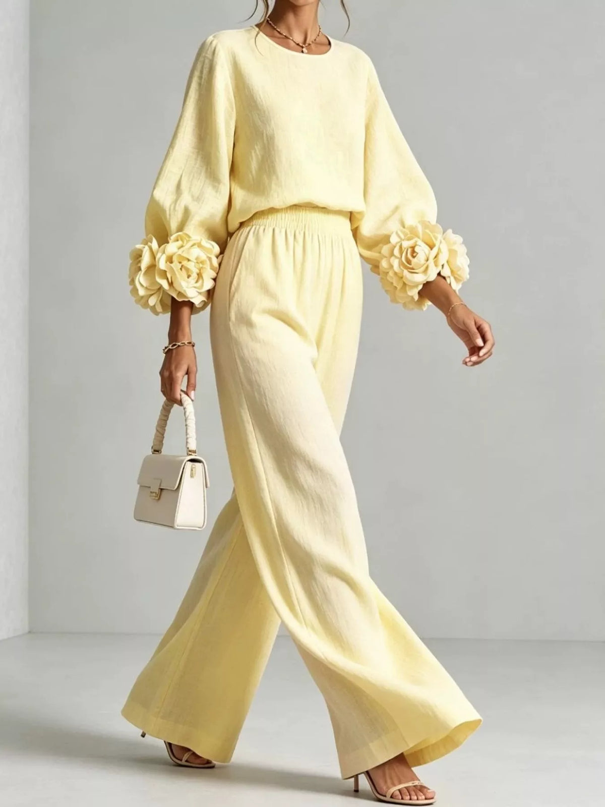 Floral Sleeve Embellishments Top and Pants Set — front view