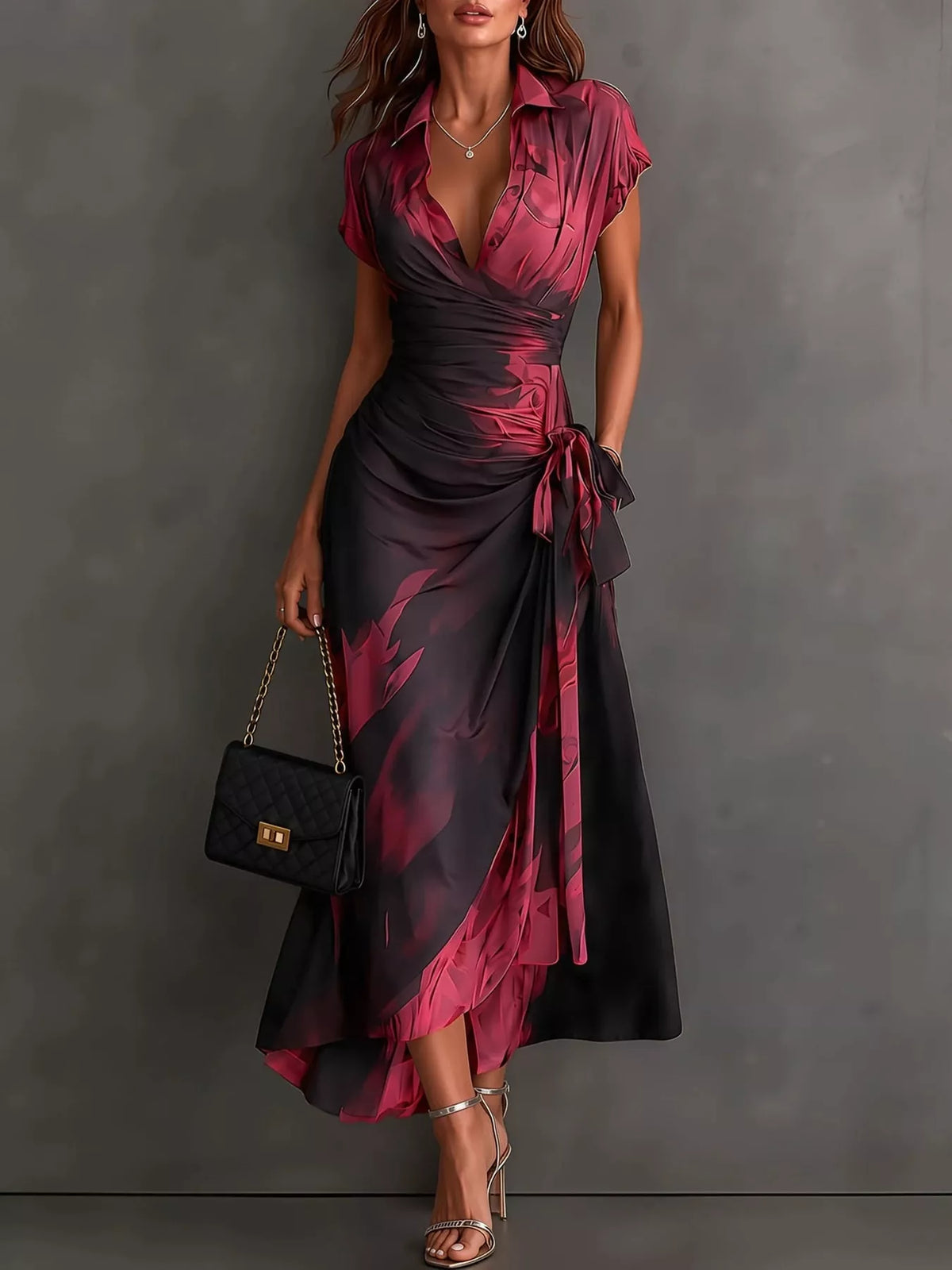Red and black tie-detail surplice dress