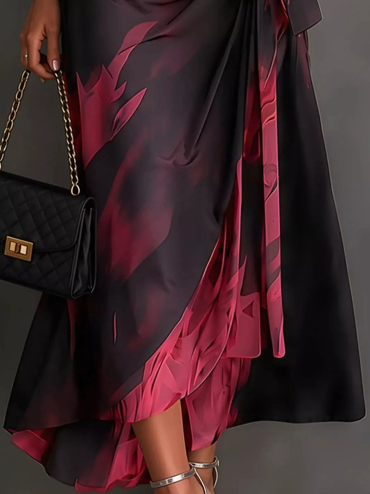 Red and black tie-detail surplice dress, midi hem detail