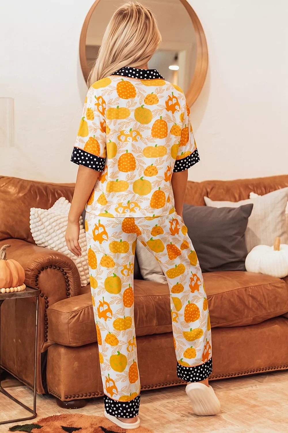 Trendsi Short Sleeve Pumpkin Print Polka Dot Trim Pocket Placket Lounge Set -