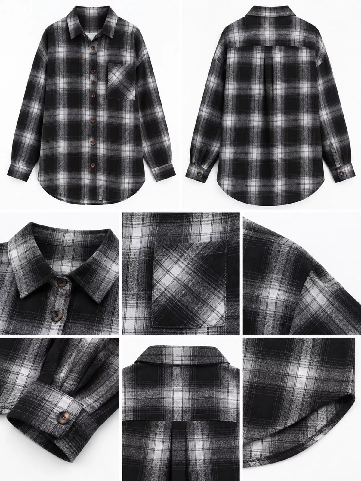 Oversized plaid shirt, black plaid garment details