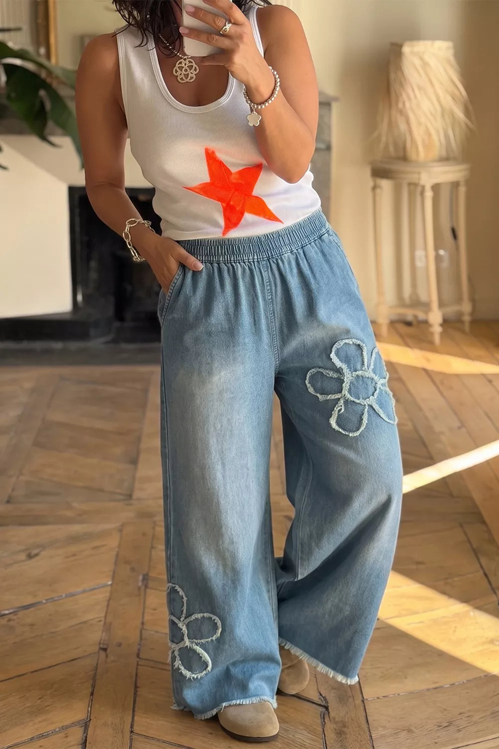 Trendsi Frayed Floral Patch Wide Leg Raw Hem Wide Leg Jeans -