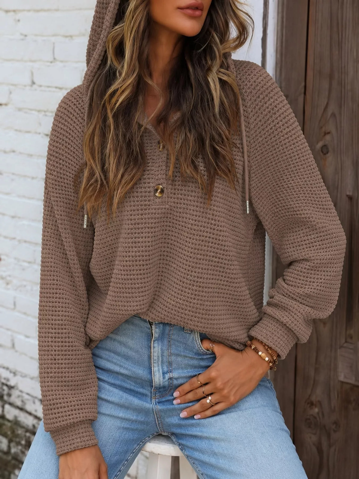 Taupe waffle knit button-detail hoodie