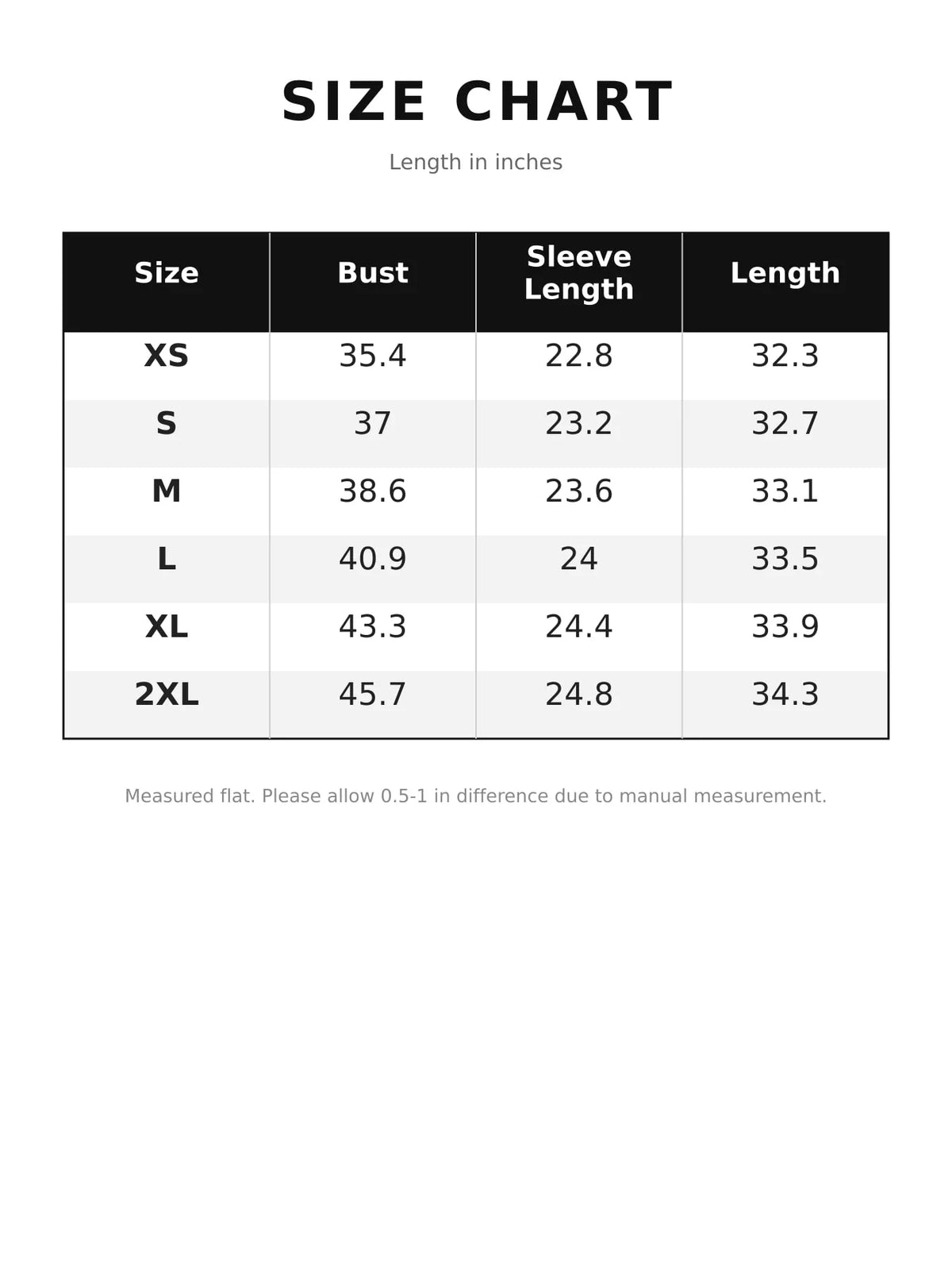 Size chart for plaid shirt dress