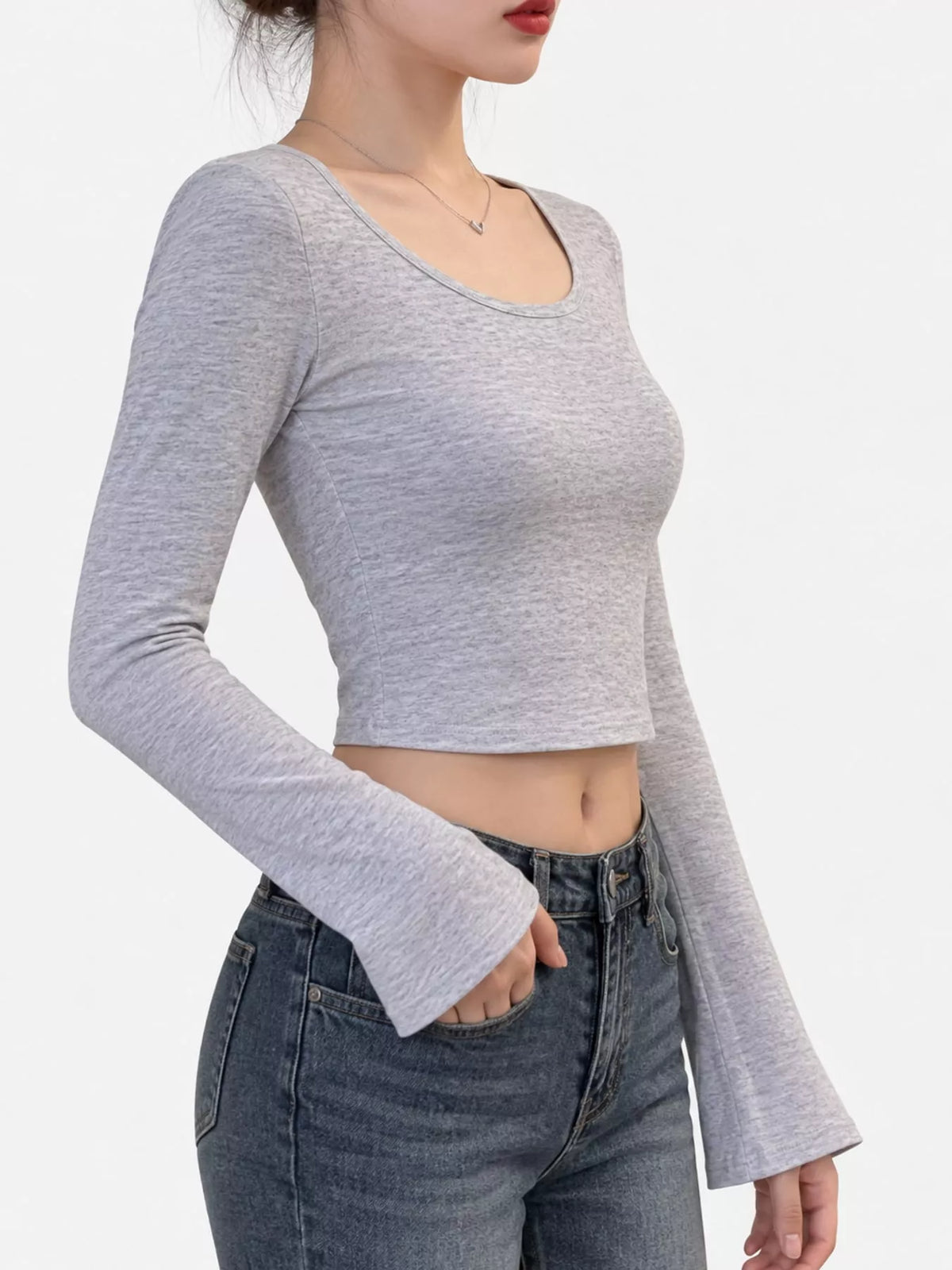 Gray u-neck cropped t-shirt, side view