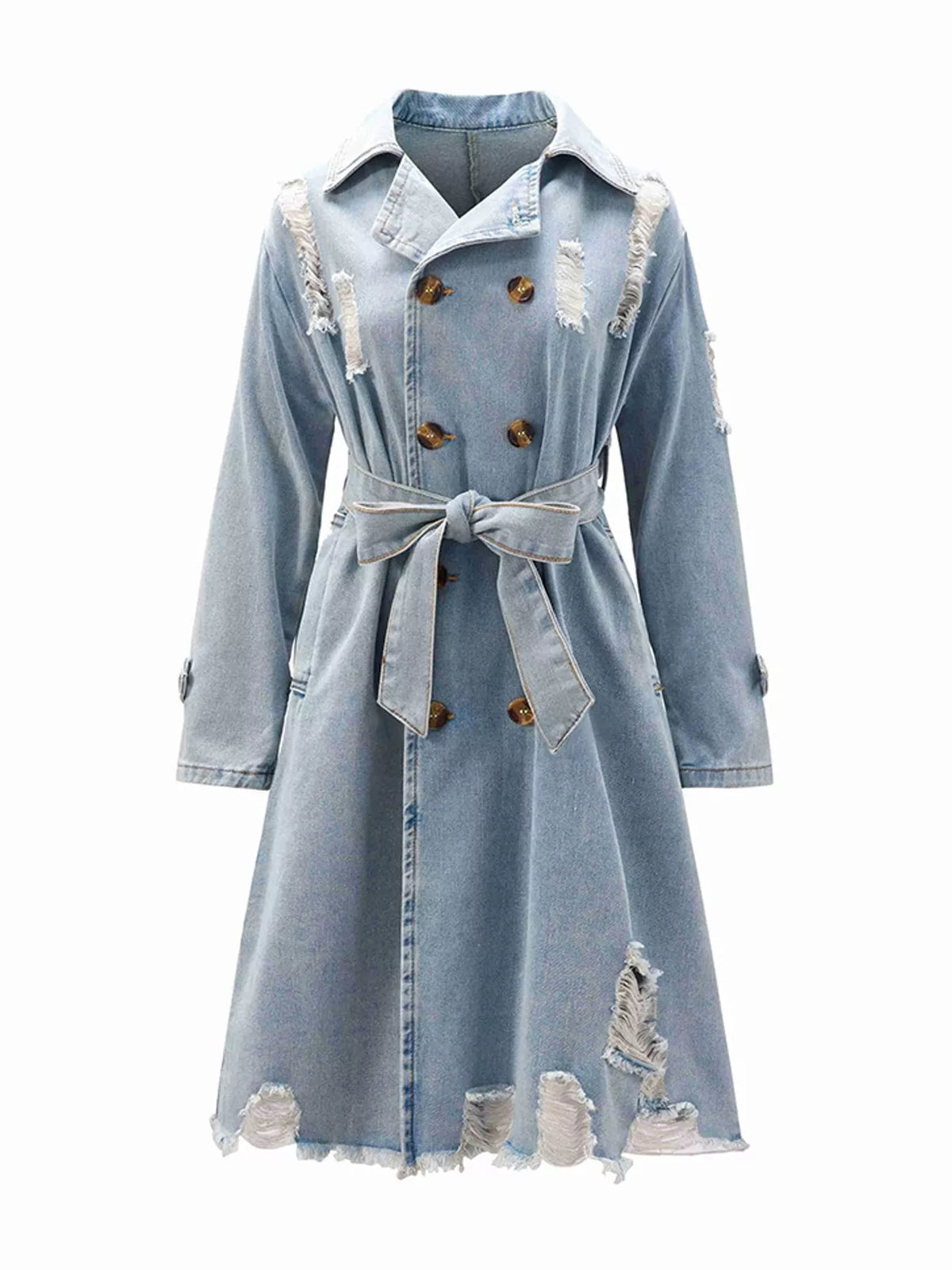 Distressed Double-Breasted Longline Denim Jacket in light blue, front view