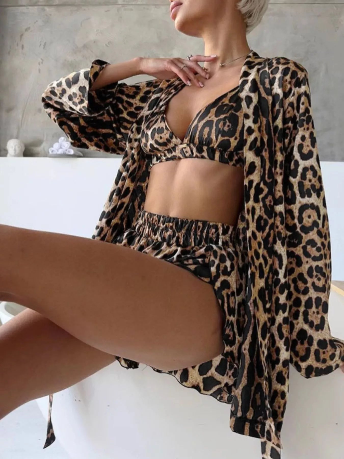 Trendsi Leopard Bra & Cardigan and Shorts Set -