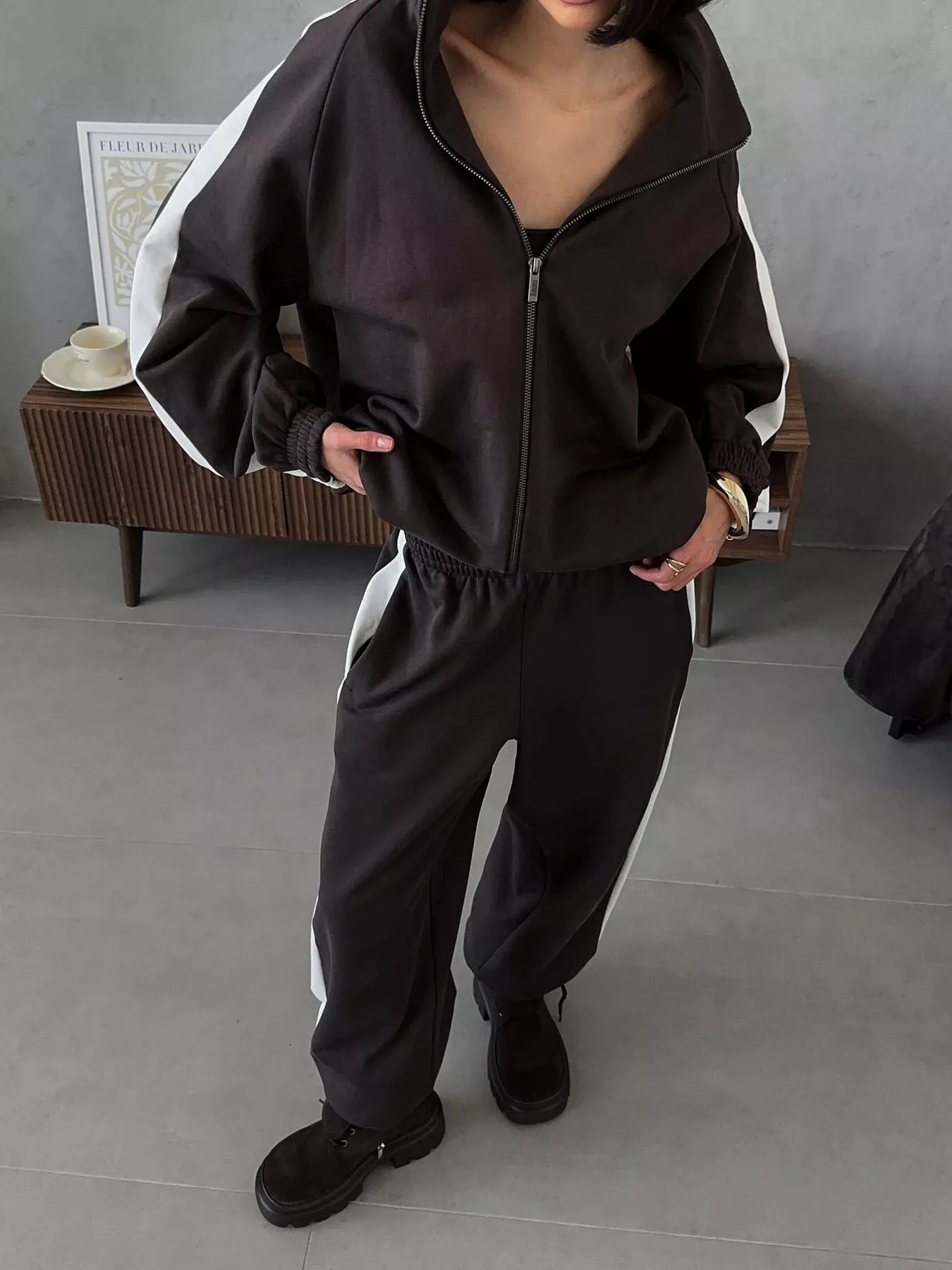 Trendsi Contrast Side Stripe Zip Up Top and Pants Set -