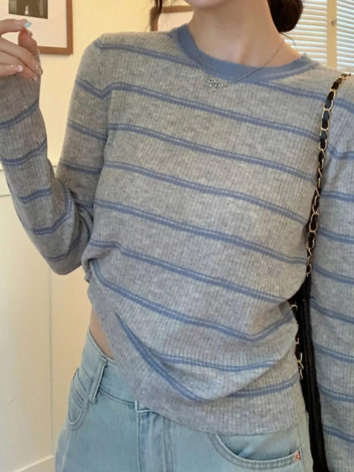Striped Round Neck Ribbed Knit Top in gray blue striped