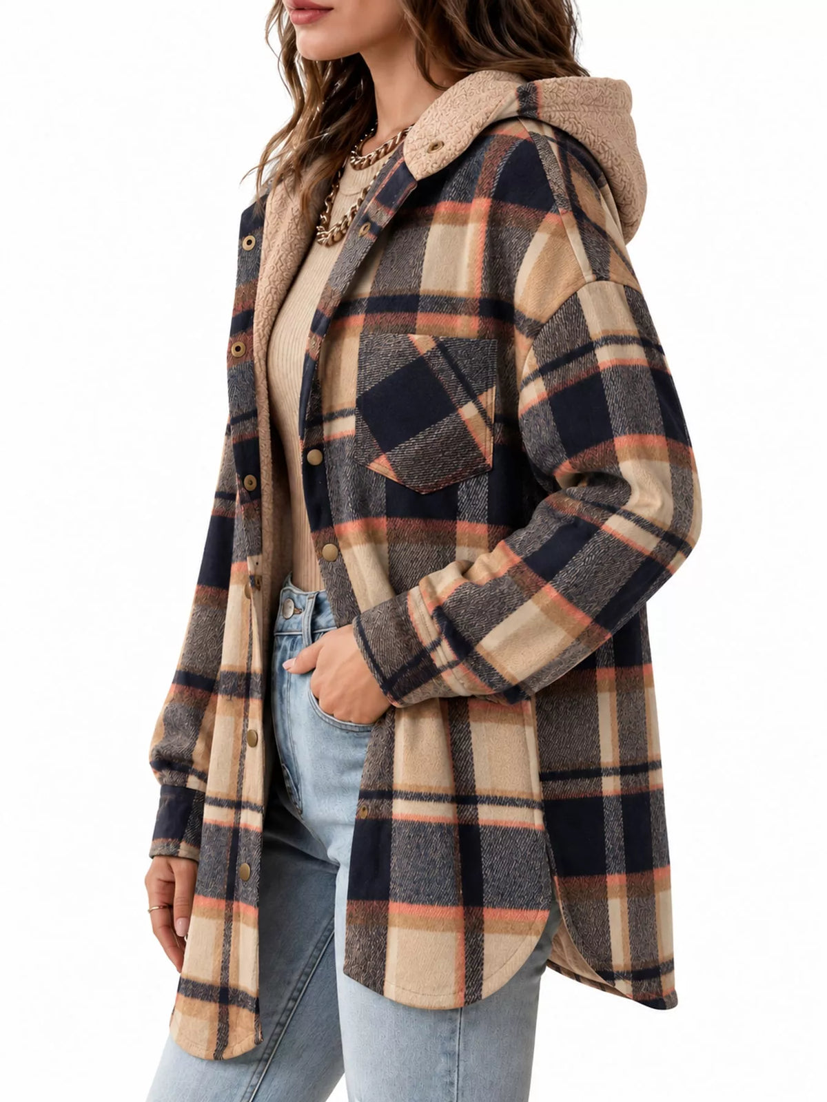 Coffee plaid hooded button up jacket