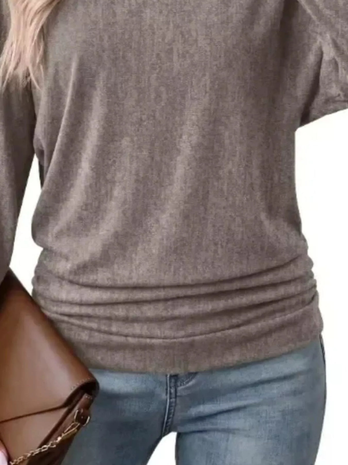 Taupe crew neck t-shirt with ruched hem, knit texture and gathered lower hem