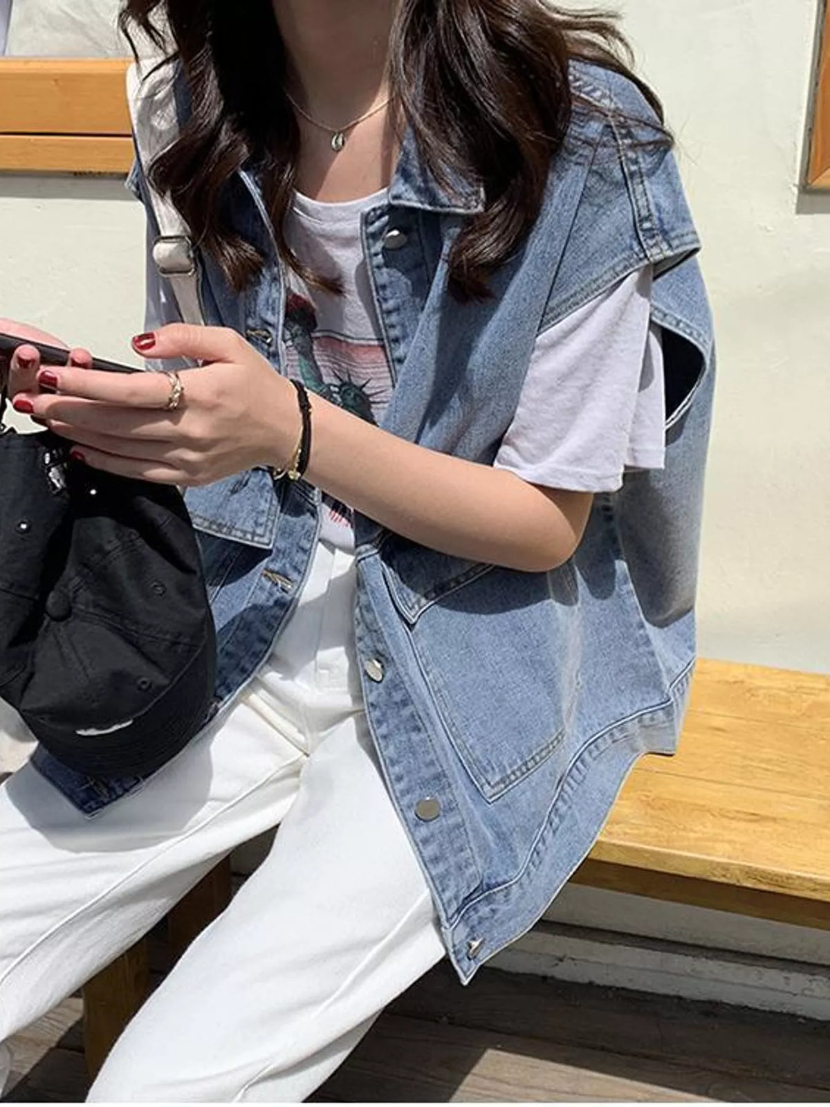 Blue vintage washed sleeveless denim jacket vest