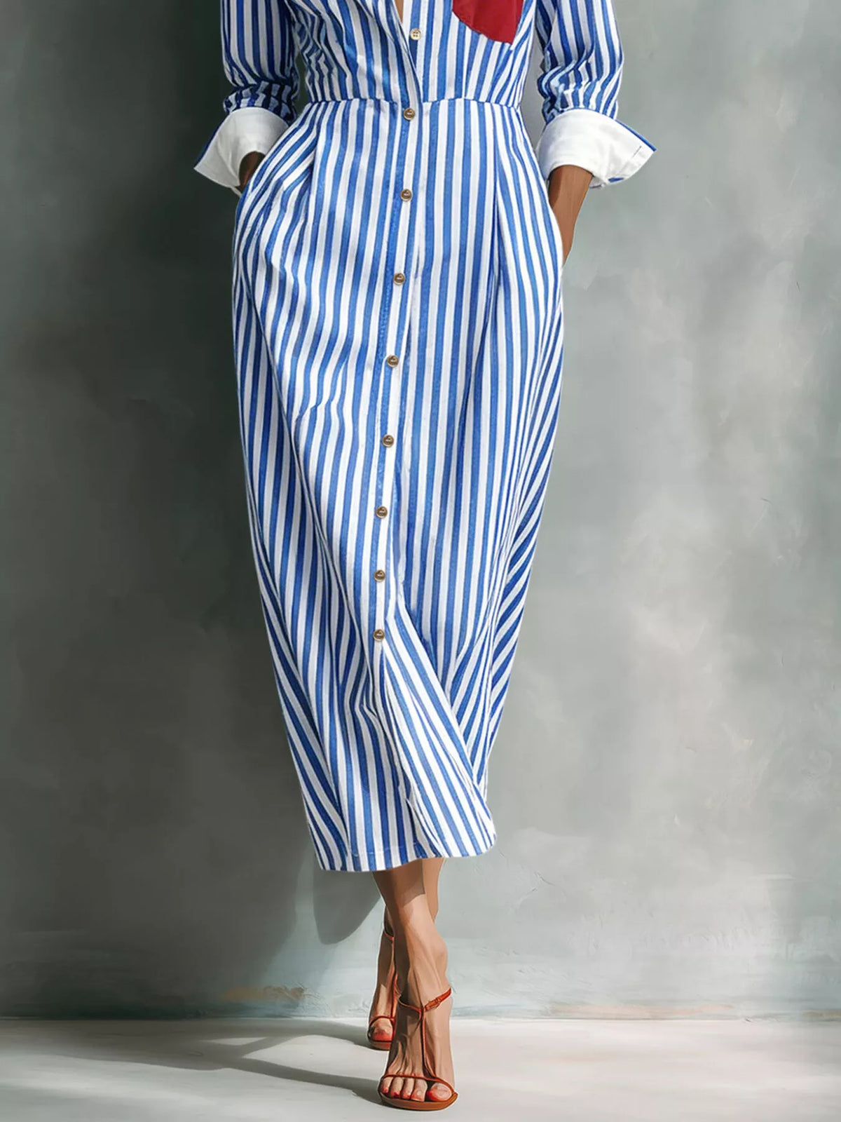 Blue and white striped shirt dress with contrast pocket, detail view