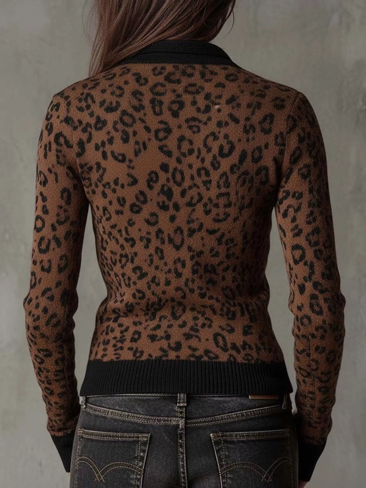 Leopard zip cardigan, brown leopard back