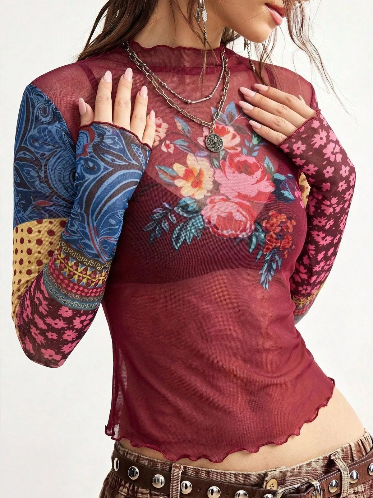 Trendsi Floral Print Mesh Mock Neck Long Sleeve Top -