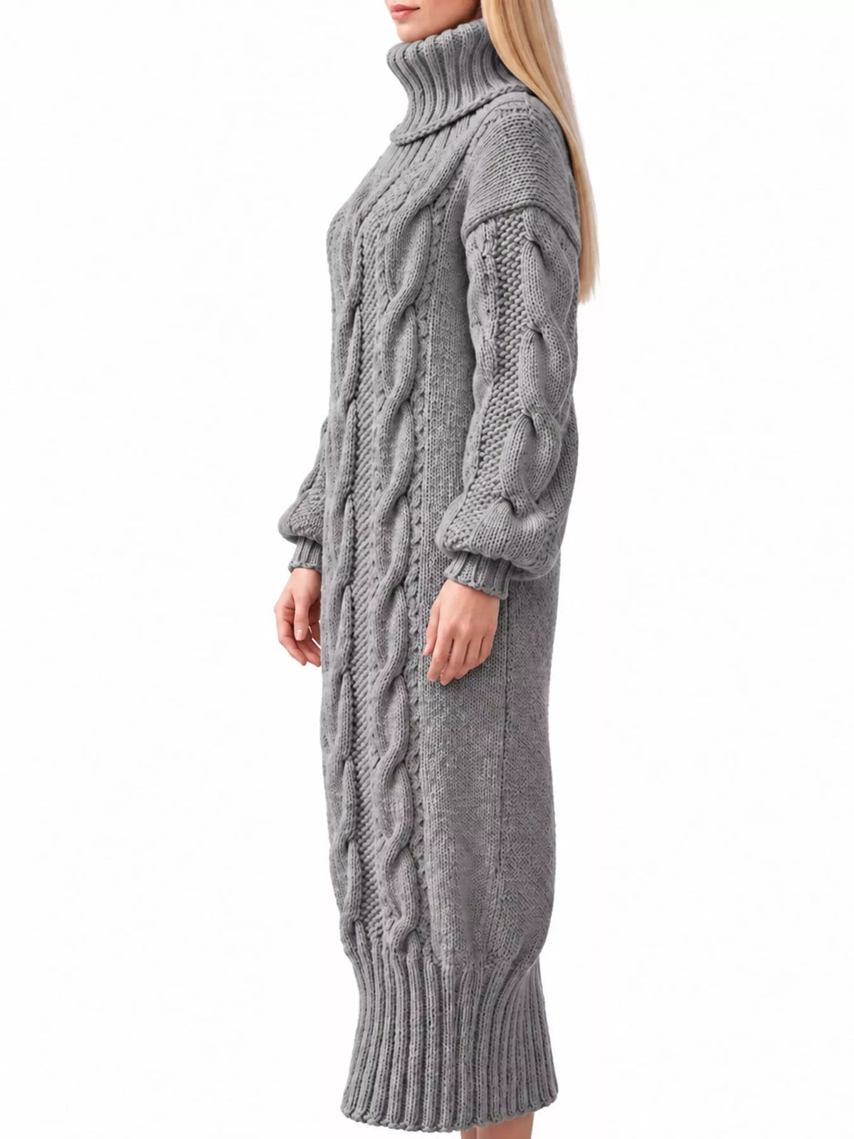 Gray oversized cable knit turtleneck sweater dress