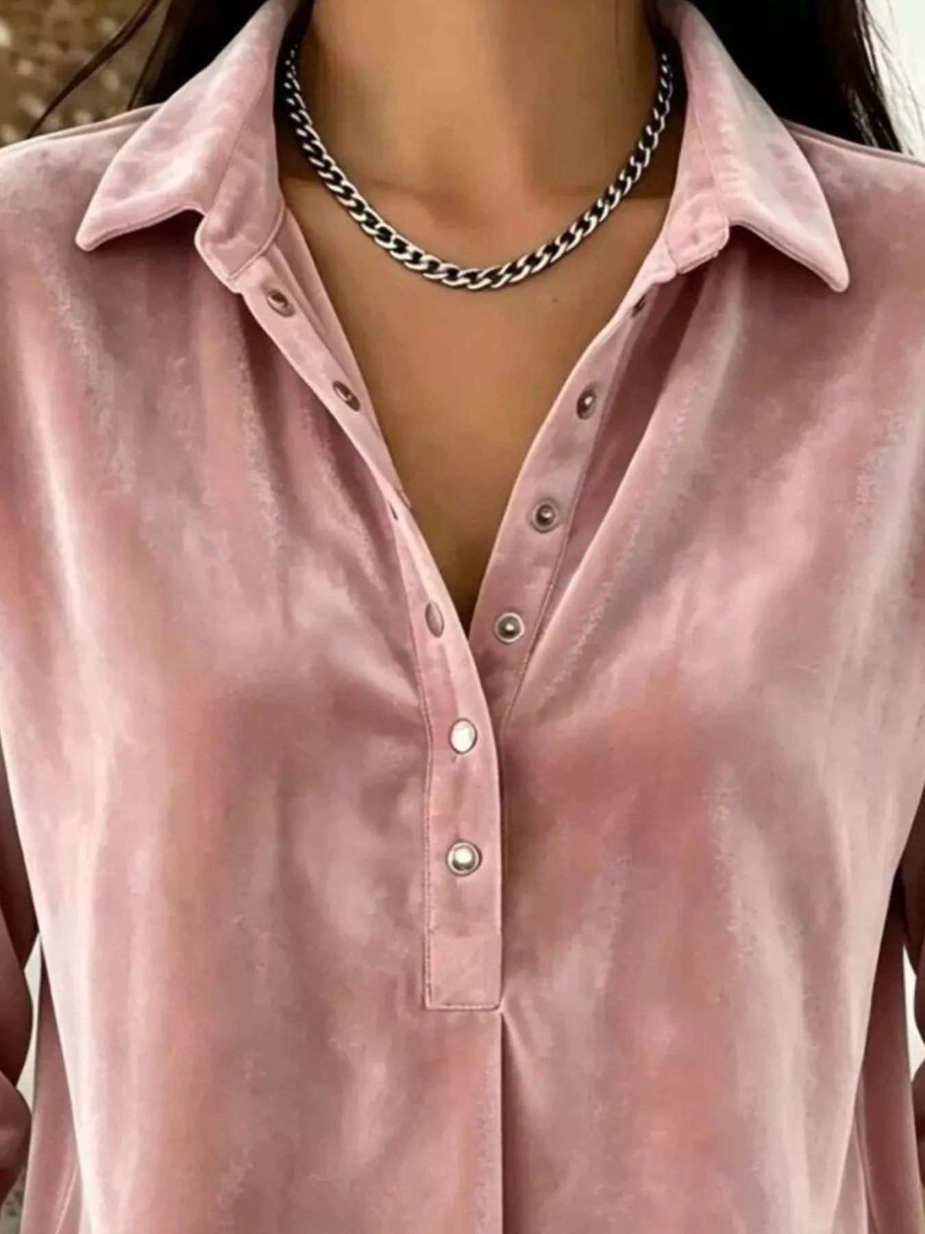 Trendsi Velvet Snap Down Long Sleeve Blouse -