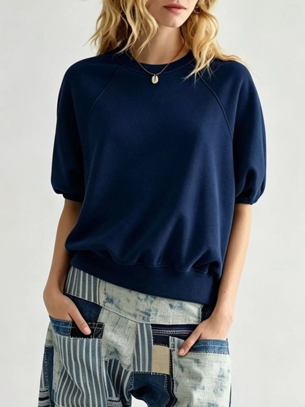 Women's Raglan Short-Sleeve Sweatshirt in navy — front view