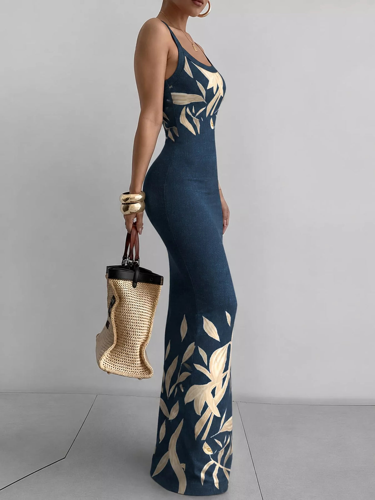 Bodycon maxi dress, navy leaf-print side