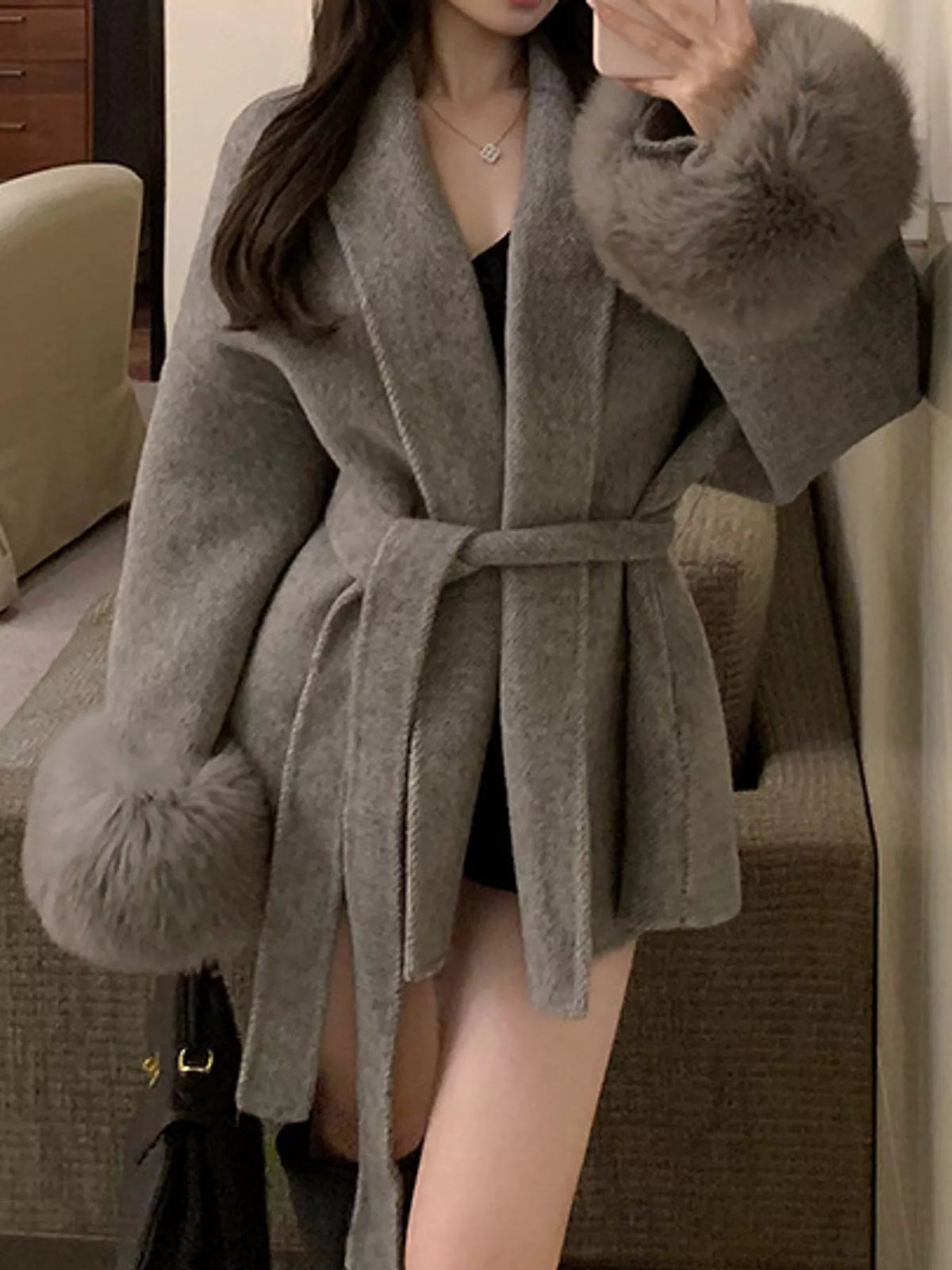 Taupe tie-waist coat with faux fur cuffs — front view