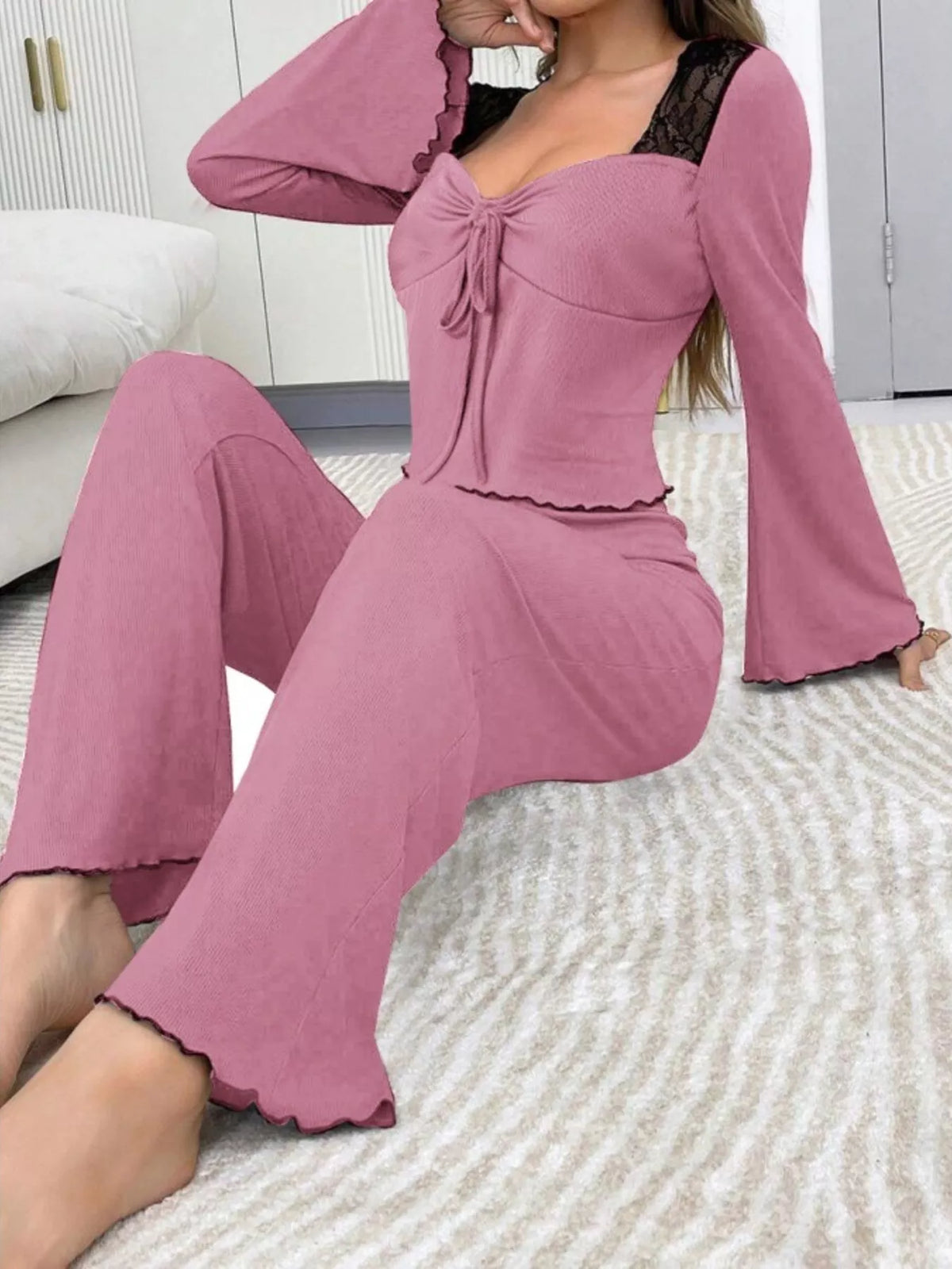 Pink Lace-Trim Flare-Sleeve Top & Pants Lounge Set front view