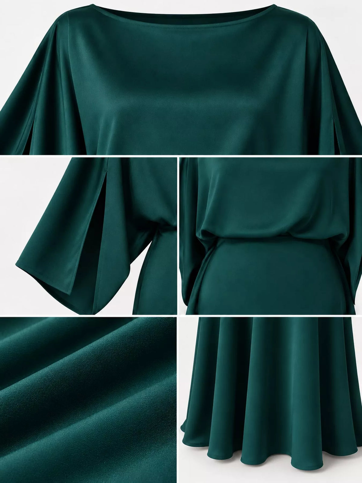 Green satin cape sleeve maxi dress, detail view