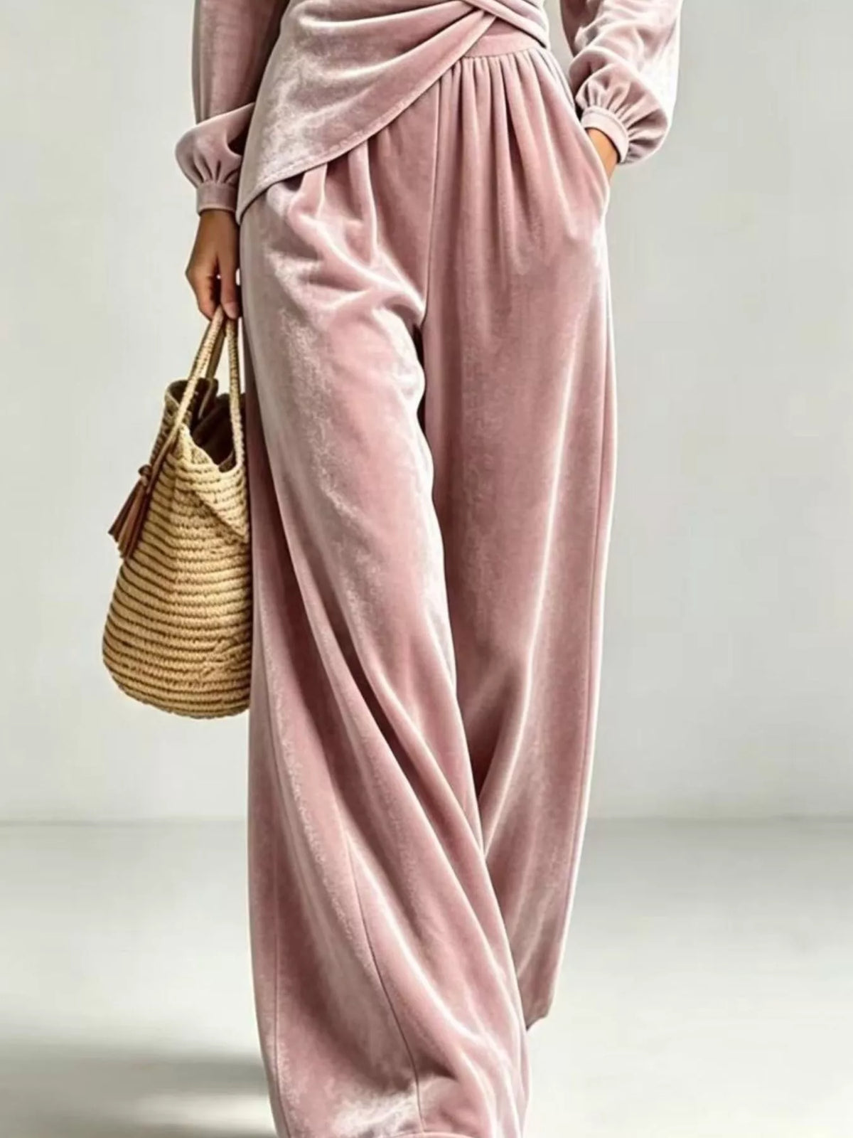 Dusty Pink Velvet Wrap-Front Top and Pants Set back view