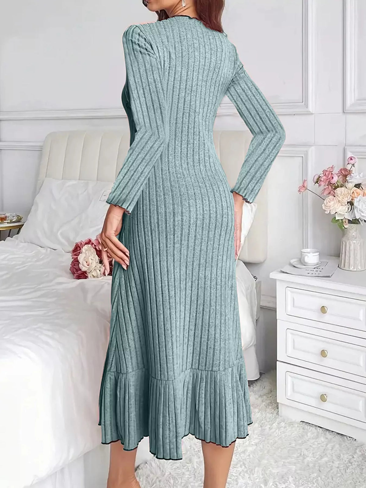 Sage ribbed knit ruffle-hem bodycon dress, back view