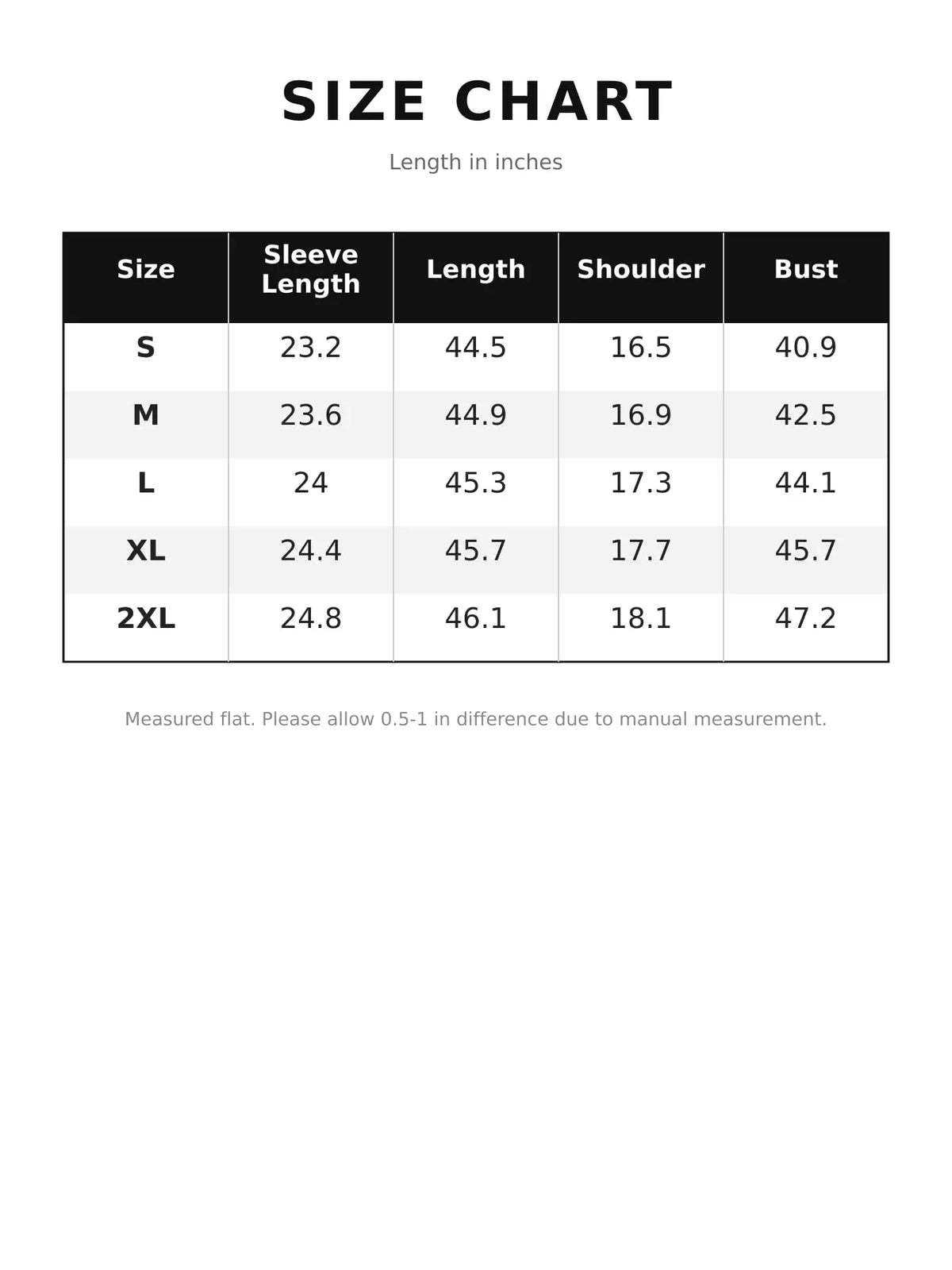 Collared long sleeve jacket, size and measurement chart