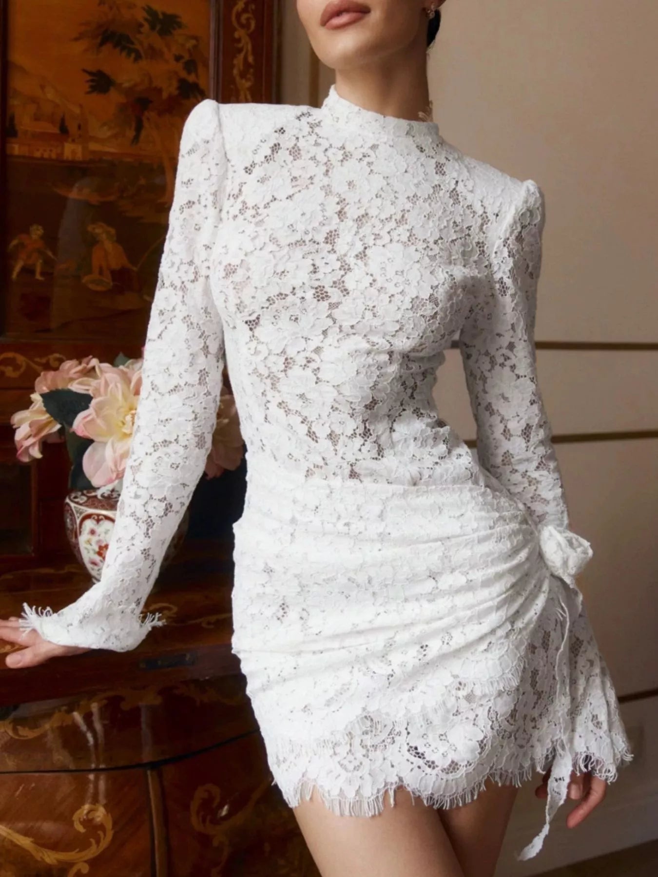 Trendsi Lace Long-Sleeve Ruched Mini Dress -