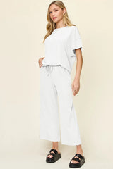 Trendsi Double Take Full Size Texture Round Neck Short Sleeve T-Shirt and Wide Leg Pants -