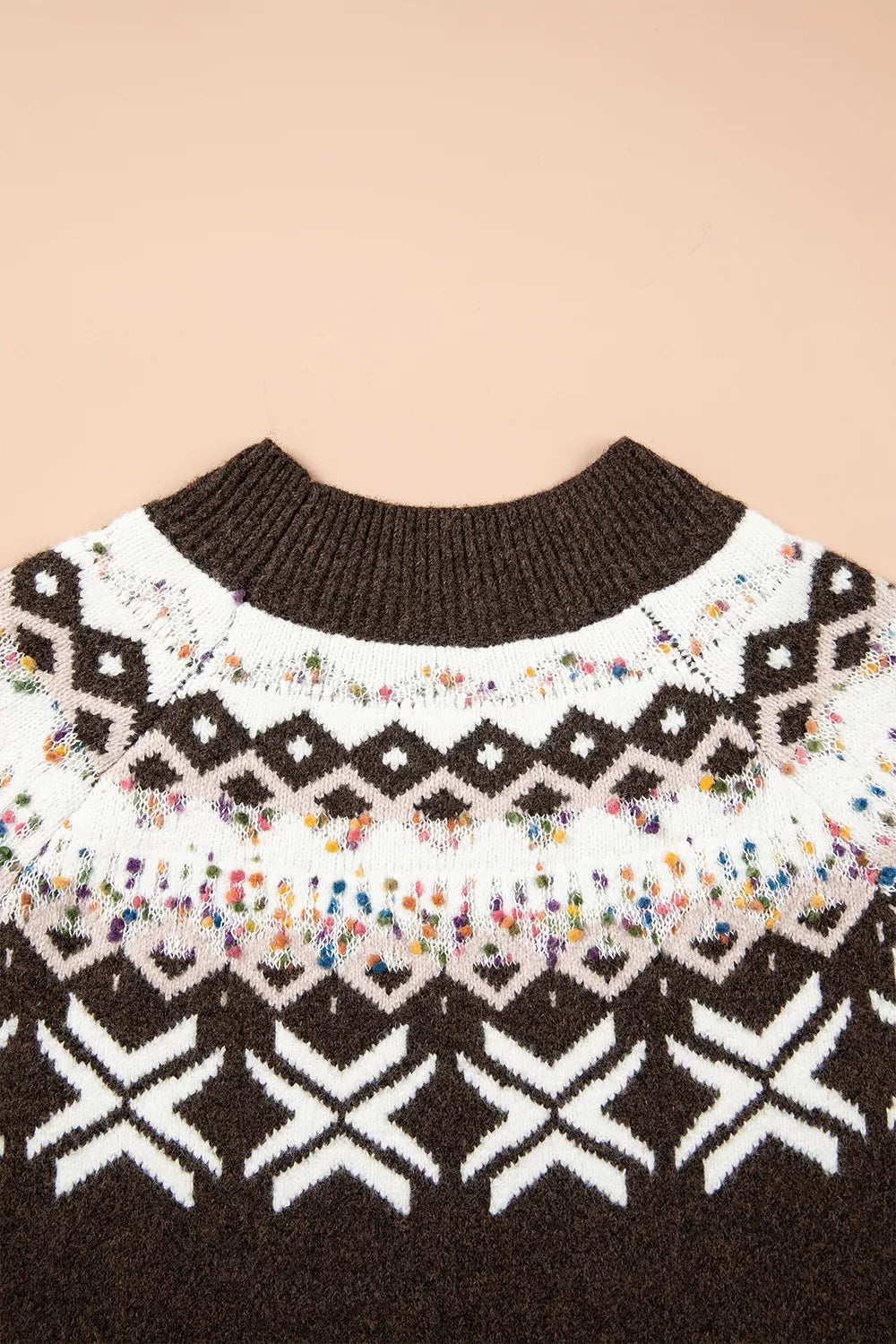 Women's Geometric Round Neck Sweater with Colorful Confetti Accents in brown — pattern detail view