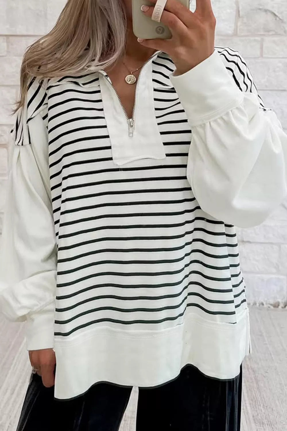 Trendsi Stripe Color Block Long Puff Sleeve Metal Zip-Up Collar Top -