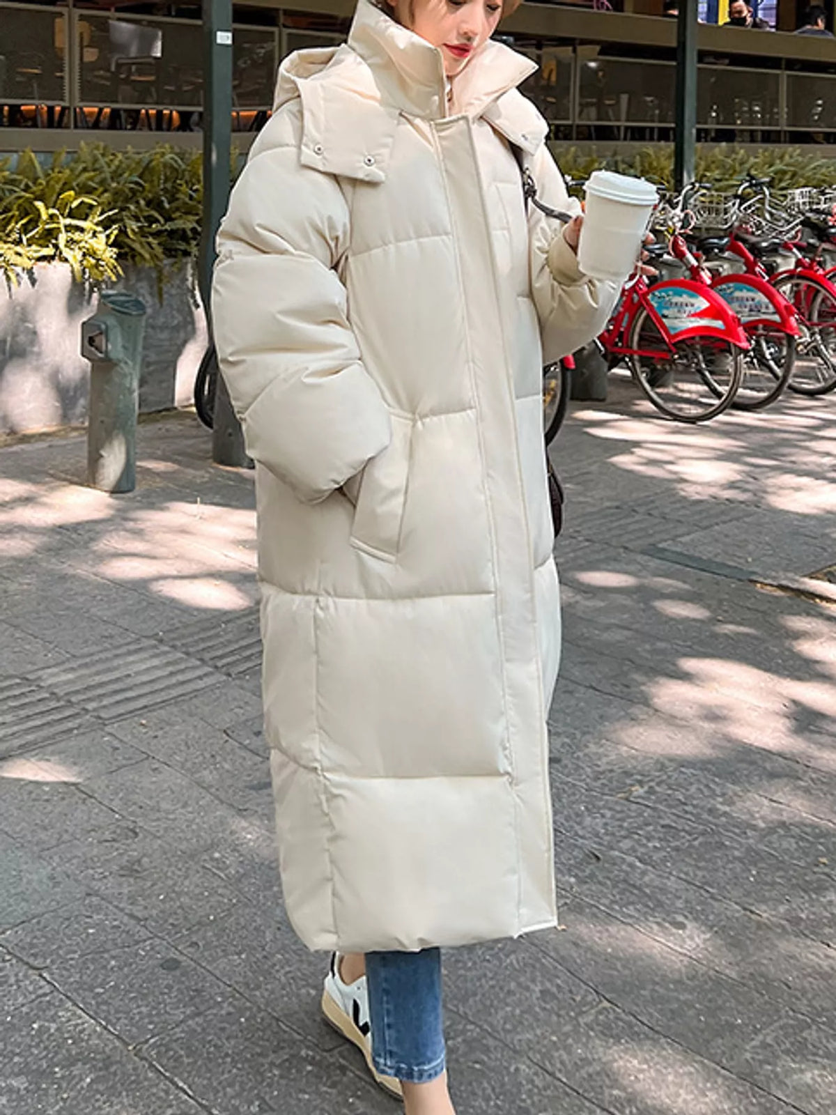 Longline puffer coat, cream full front