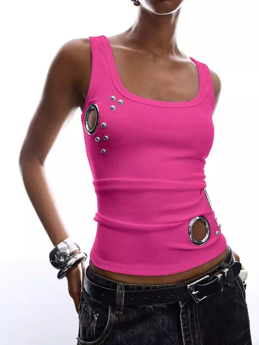Trendsi Ribbed Tank Top with Metal Grommet Cutouts and Stud Embellishments -