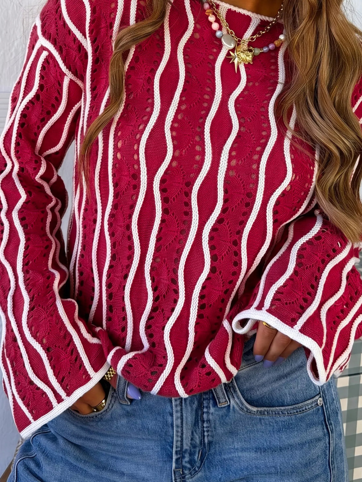 Burgundy wavy openwork long sleeve cotton sweater