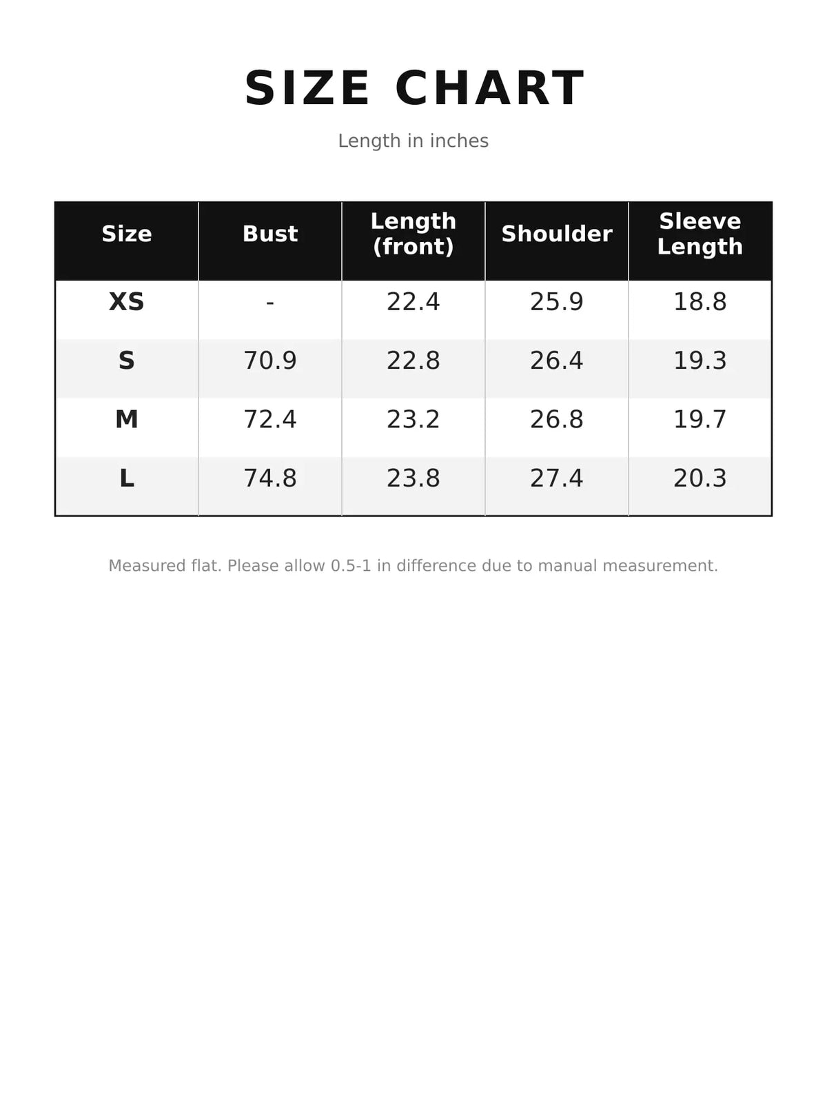 Faux Suede Collared Bomber Jacket — size and measurement chart