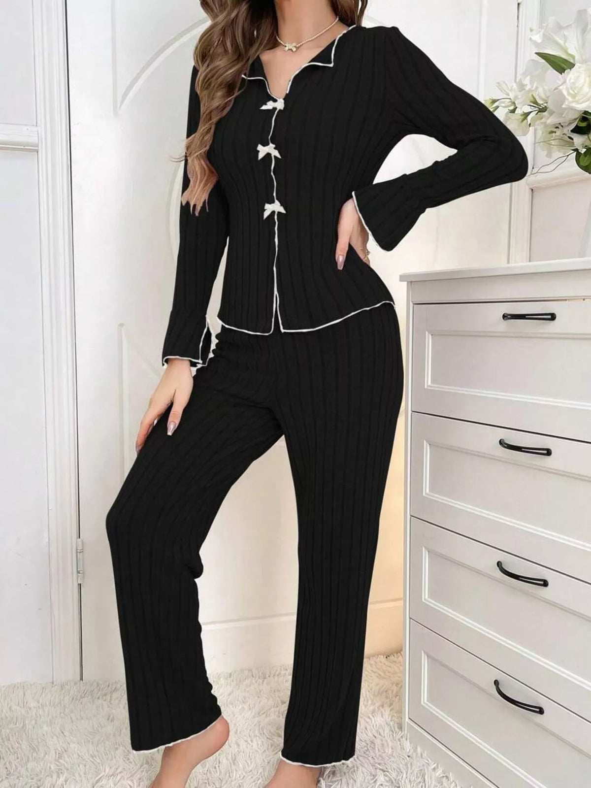 Women's Contrast Bow Detail Top and Pants Lounge Set in Black, front view